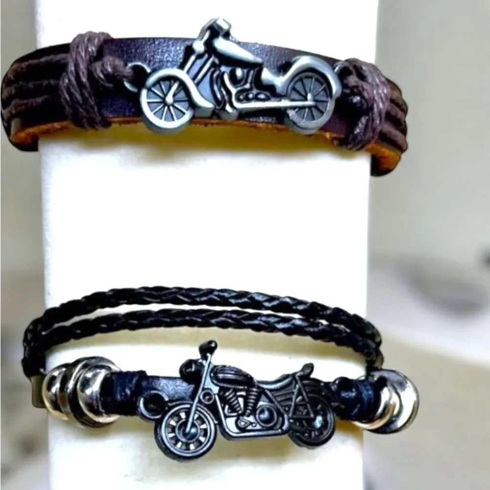 2 Motorcycle Lovers  Bracelets l Black & Brown Leather l New
